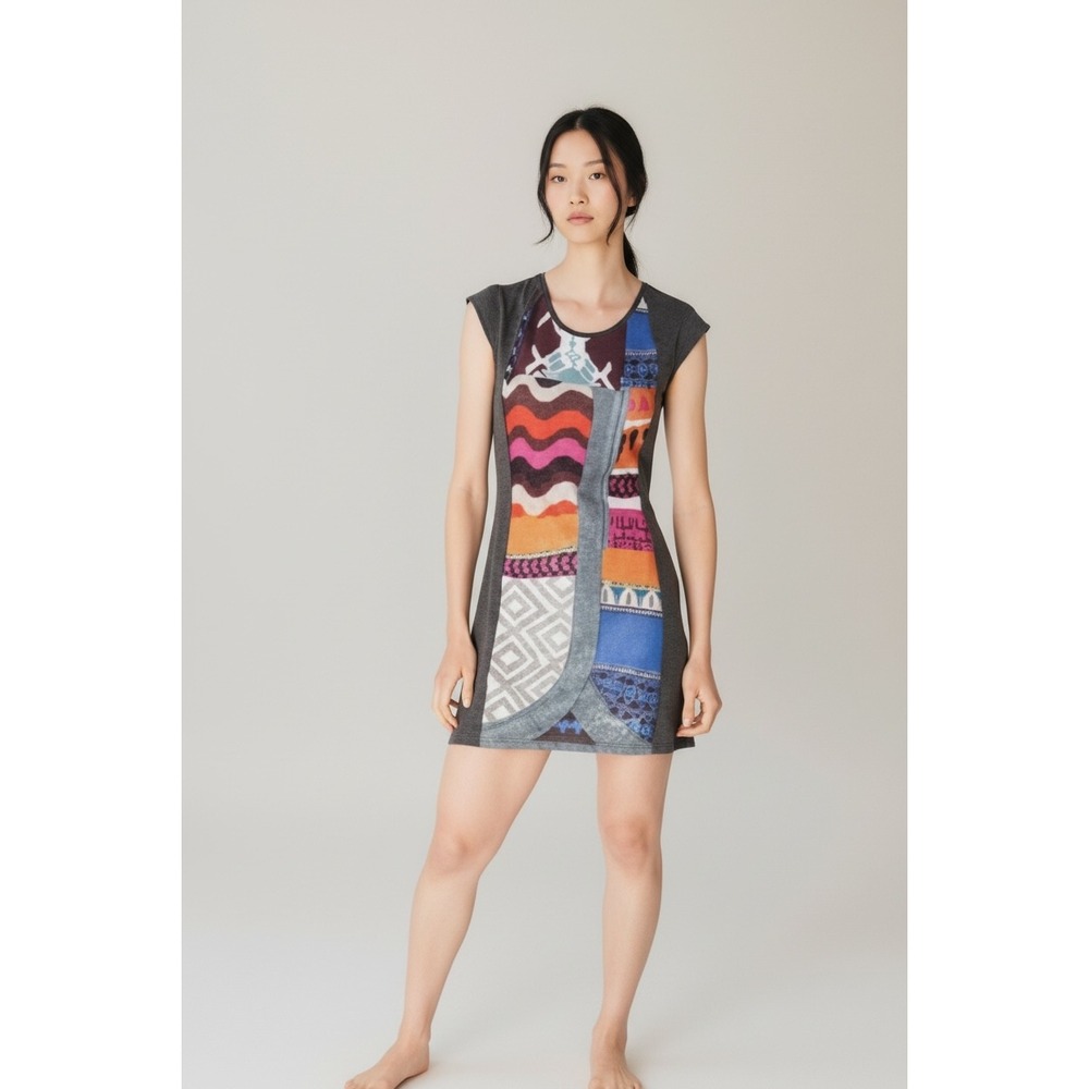 Desigual Womens Patchwork Mixed Print Mini Dress Grey Cap Sleeve Size S Boho